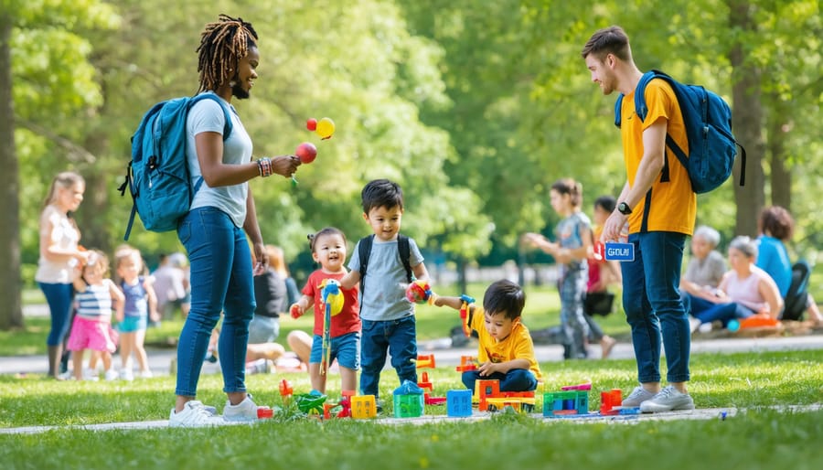 A diverse group of park visitors representing different cultures enjoying outdoor activities, with multilingual signs and cultural symbols, showcasing Ontario Parks' commitment to inclusivity and accessibility.