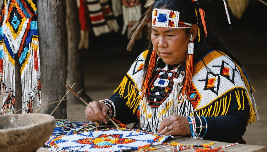 First Nations artisan teaching traditional beadwork to tourists in a workshop setting