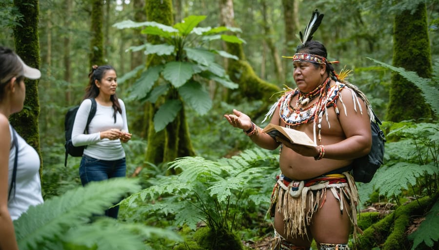 Indigenous tour guide showing medicinal plants to attentive visitors in Ontario wilderness