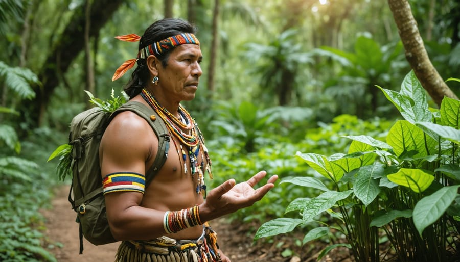 Indigenous tour guide showing medicinal plants to visitors on a forest trail