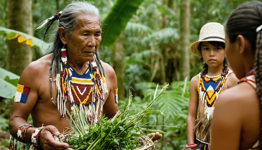 Elder demonstrating proper medicinal plant gathering techniques to a small group in a park