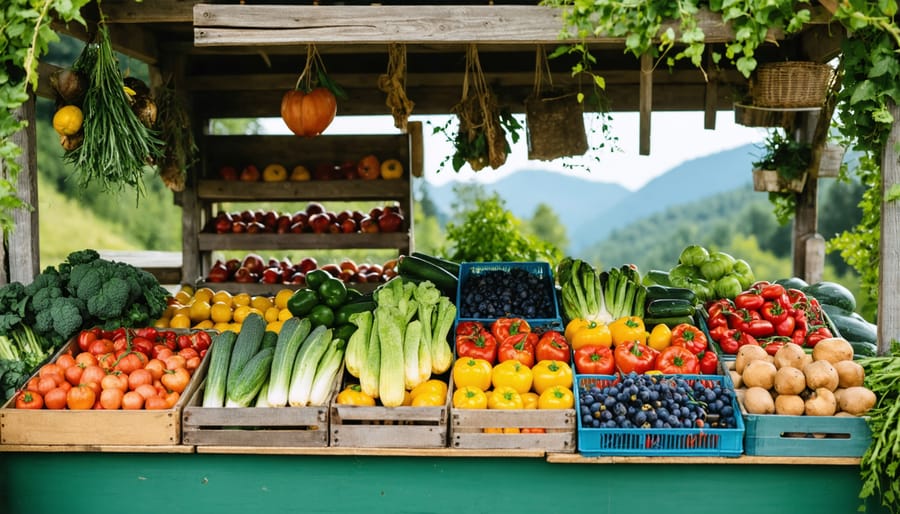 Colorful display of fresh local produce at outdoor market with nature trail entrance nearby
