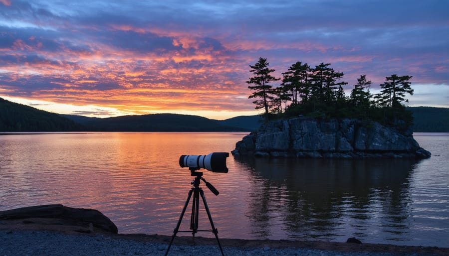 Modern camera equipment capturing sunset at Mazinaw Rock, showing advanced photography techniques