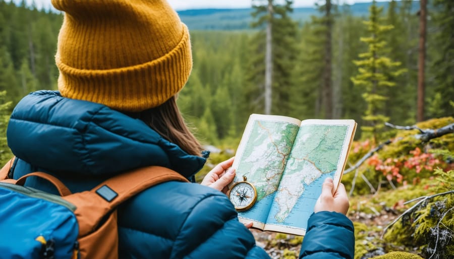 Hiker using compass and map to navigate through Algonquin Park's wilderness trails
