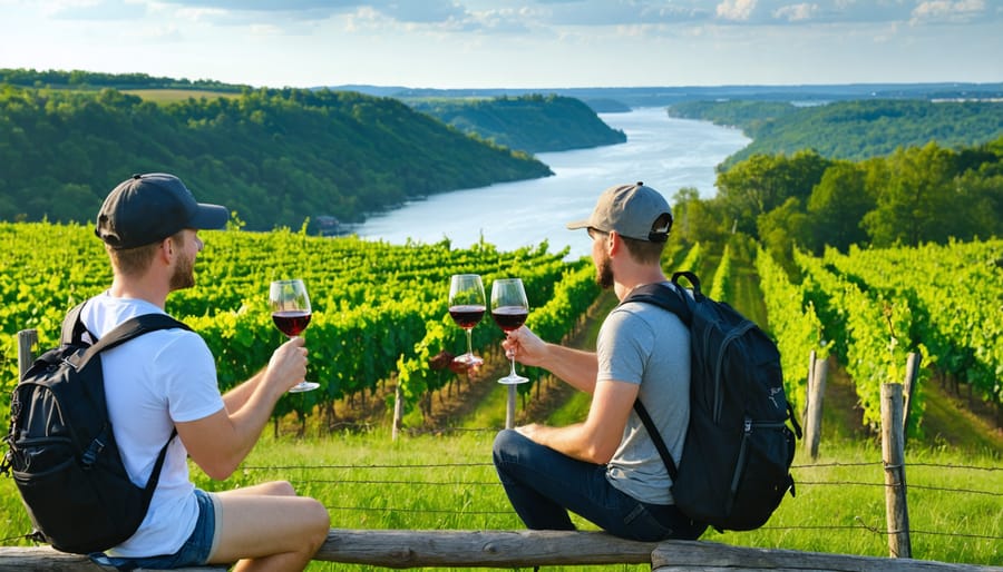 Group of hikers sampling local wines with scenic Niagara Escarpment views in background