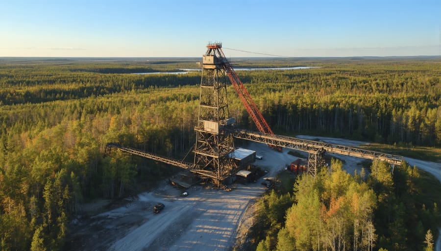 Towering steel headframe structure at a historic mining site against northern landscape
