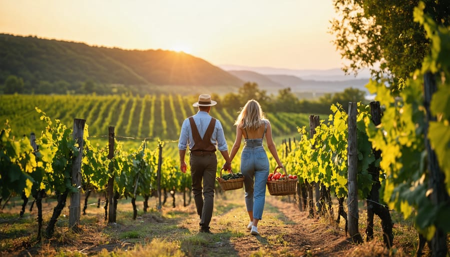 A couple exploring Ontario's vineyards with baskets of fresh produce, set against the backdrop of the Niagara Escarpment at sunset.