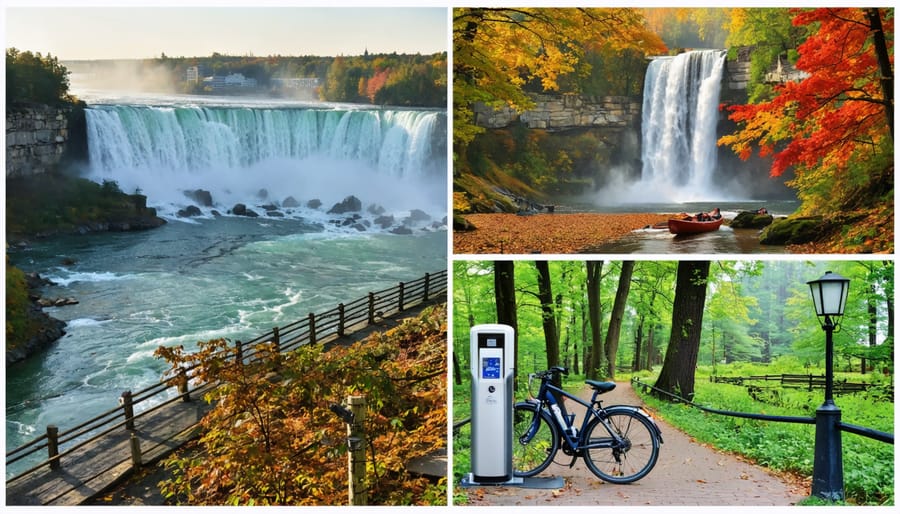 Collage capturing Ontario's eco-friendly travel experiences, showcasing Niagara Falls, Algonquin Park's fall foliage, urban green spaces, and sustainable travel methods like bikes and kayaks.