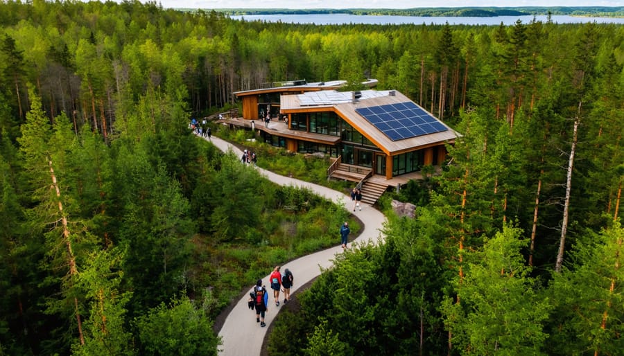 Aerial view of a sustainable eco-lodge in Ontario's forest, highlighting eco-friendly architecture and nature-based tourism initiatives.