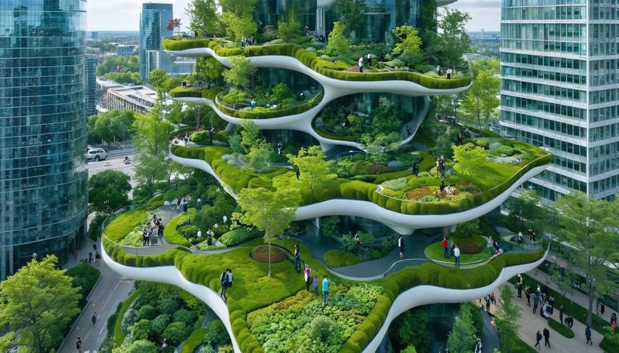 Aerial view of an Ontario cityscape featuring green roofs, rain gardens, and urban forests integrated with modern architecture. People can be seen interacting with the green spaces, reflecting the commitment to sustainable and harmonious urban development.