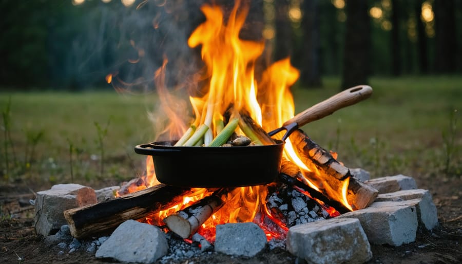 A cozy campfire at dusk with a cast iron skillet and Dutch oven placed on a stone campfire ring, highlighting traditional heritage cooking in Ontario's parks.