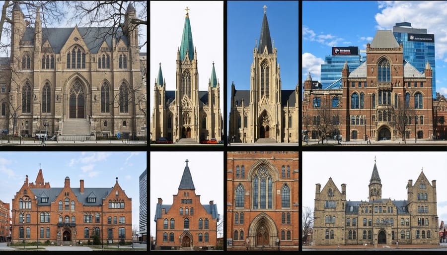 A collage showcasing Ontario's diverse architectural heritage, featuring a Gothic cathedral, Victorian civic buildings, and the modern skyline, illustrating the province's rich history and cultural evolution.