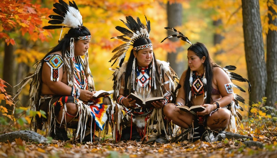 Indigenous Knowledge Keeper sharing stories with visitors in a forest setting, surrounded by autumn leaves and traditional crafts like beadwork and canoes.