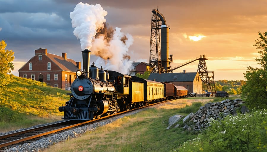 A visual collage illustrating Ontario's industrial heritage with a steam locomotive, historic textile machinery, and a mining headframe, set against a golden sunset landscape.