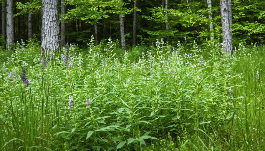 Natural growth of medicinal sage and sweetgrass plants in woodland setting