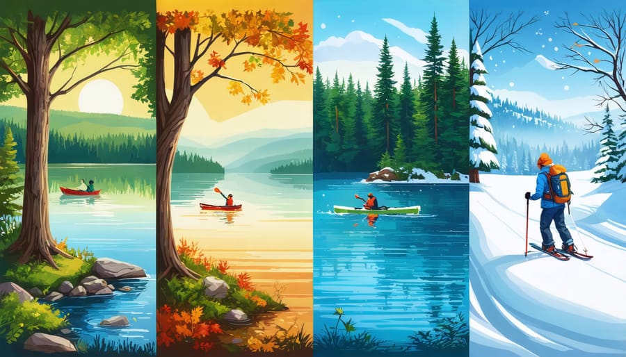 A panoramic view of Ontario's parks during different seasons, illustrating spring's green forest, summer's clear waters, autumn's colorful trails, and winter's snowy path, symbolizing year-round natural detoxification and renewal.