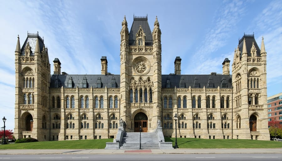 Gothic Revival architecture of Ontario's Parliament Buildings featuring pointed arches and decorative stonework