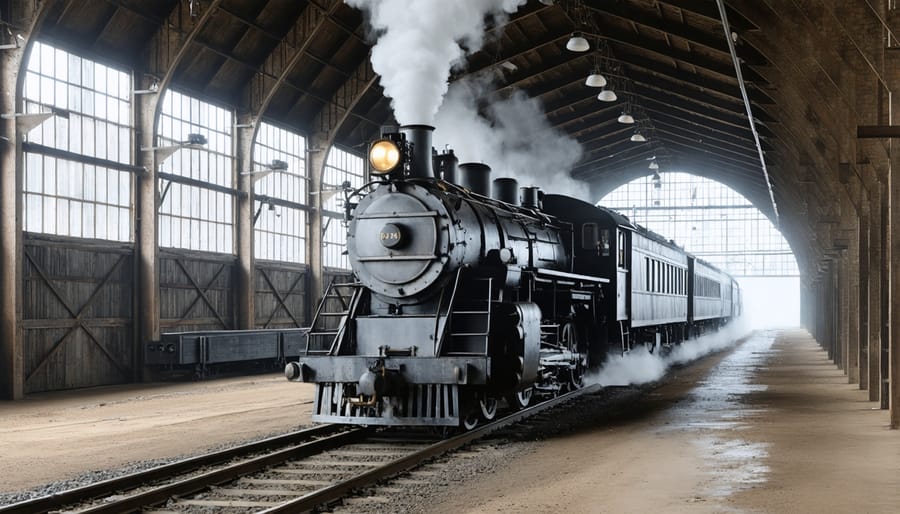 Restored vintage steam engine in a circular railway roundhouse building from the 1800s