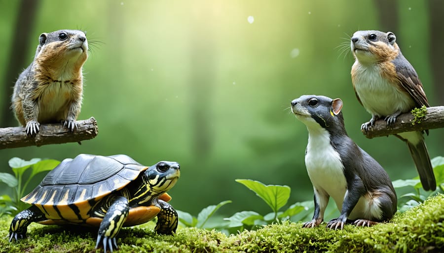 A vibrant scene depicting Ontario's native species, including a Blanding's turtle and an eastern loggerhead shrike, in their restored habitats, illustrating the active conservation efforts by Ontario's zoos.