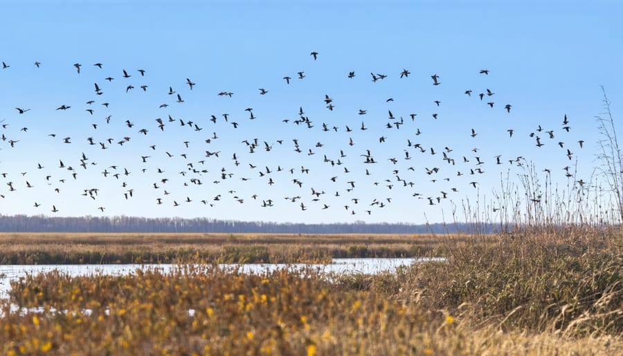 Point Pelee National Park shoreline with migrating warblers and other songbirds in the trees
