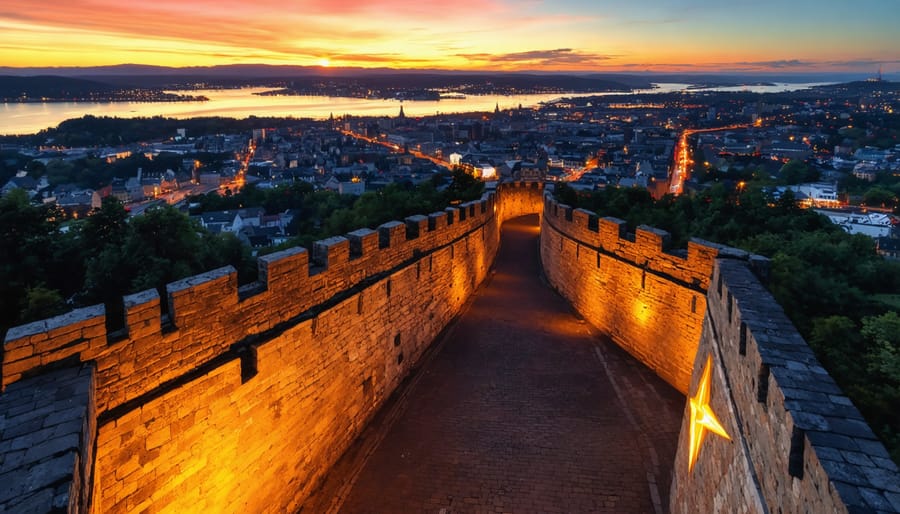 Aerial view of Quebec City's iconic star-shaped fortifications at sunset, highlighting the harmonious integration of ancient military architecture with the modern urban landscape.