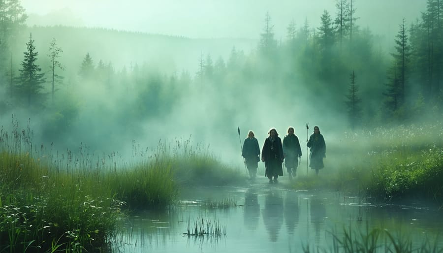Indigenous elder guiding visitors on a sacred medicine trail with flourishing medicinal plants like sage, sweetgrass, and cedar in Ontario.