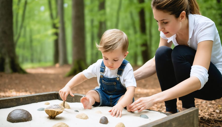 Park educator guiding a child through a hands-on sensory nature activity with various natural materials
