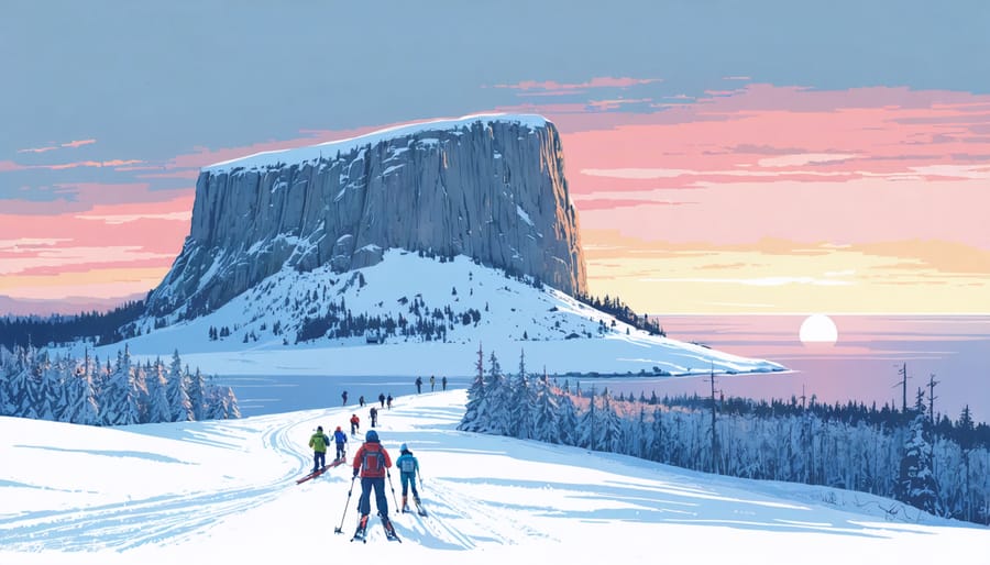 Dramatic winter landscape featuring the Sleeping Giant formation rising above frozen Lake Superior, with cross-country skiers navigating the snow-covered trails at the base.
