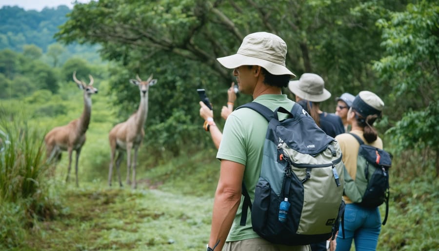 Indigenous tour guide explaining local wildlife to eco-tourists in Ontario's protected areas