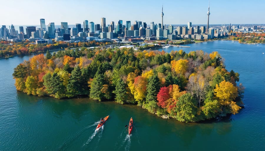 Aerial view of kayakers exploring near Toronto Islands, with autumn-colored trees and the city skyline, including the CN Tower, in the background, illustrating the union of urban life and outdoor activities.