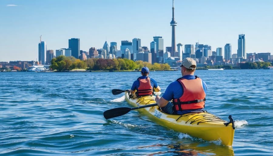 Group of kayakers exploring Toronto Islands with CN Tower visible in the distance