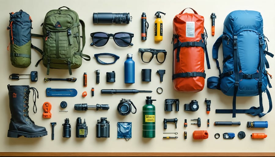 Comprehensive layout of first aid kit, emergency supplies, and survival gear for off-roading