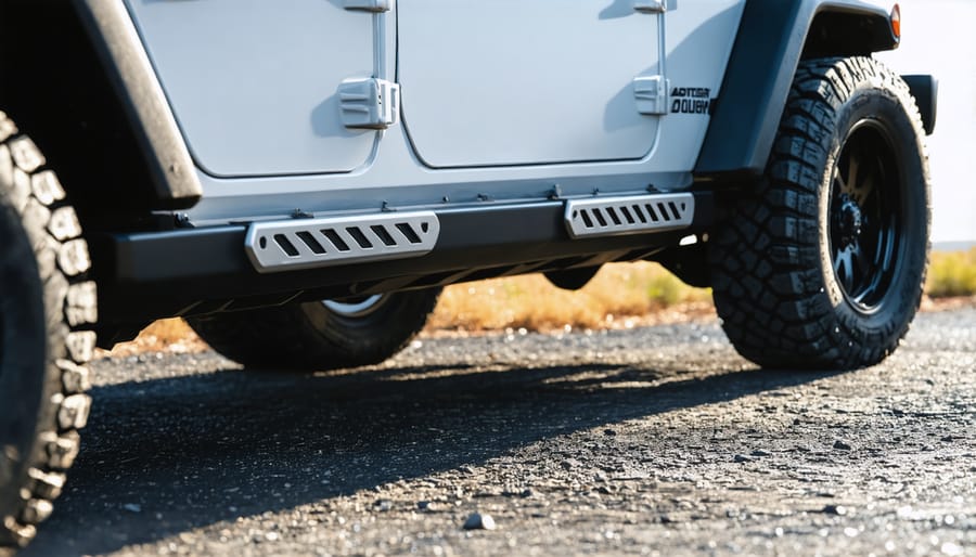 Protective underbody armor and rock sliders mounted on an off-road vehicle