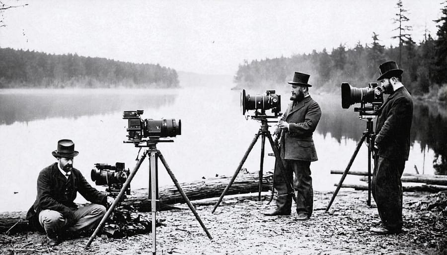 Victorian photographers with wooden large format cameras on tripods at the edge of a lake in Algonquin Park