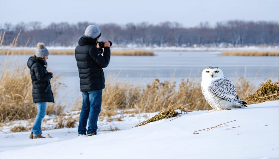 Wildlife enthusiasts with binoculars watching winter birds in an urban nature reserve