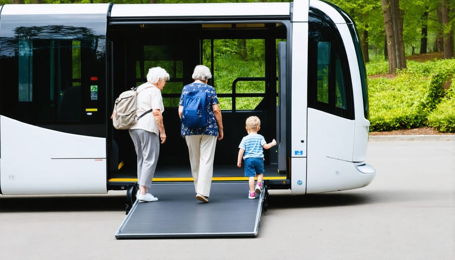 Diverse group of park visitors using wheelchair ramp to board autonomous shuttle