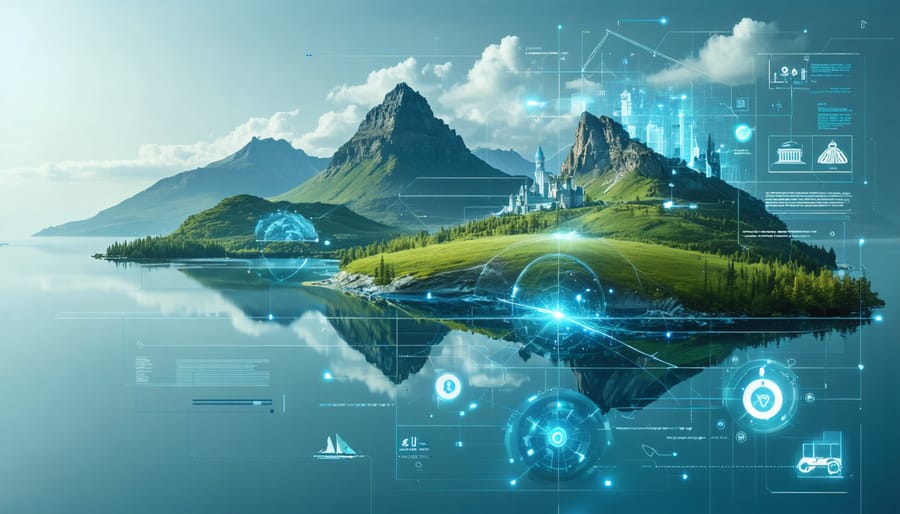 Conceptual depiction of an AI travel planner with a digital interface overlayed on an Ontario landscape, showcasing technology integration in travel planning.