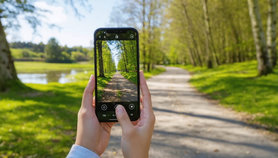 Hiker using augmented reality app to view historical information overlaid on a scenic Ontario park trail