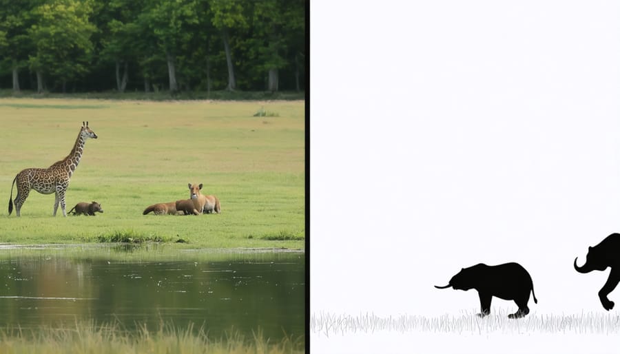 Comparison view of park landscape with AR visualization showing prehistoric animals in their environment