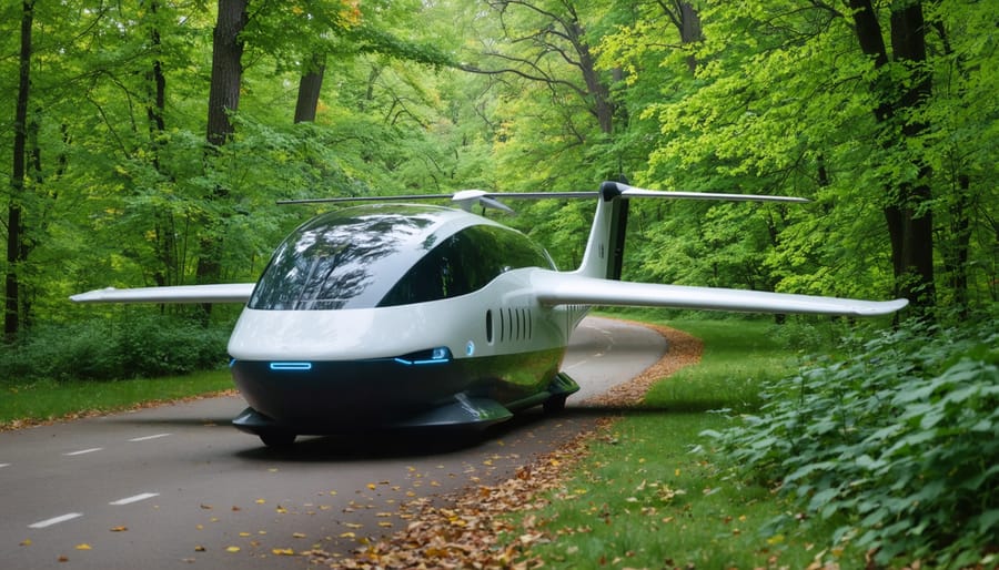 An electric autonomous shuttle traveling along a vibrant autumn park trail in Ontario, surrounded by colorful fall foliage and wildlife, epitomizing the fusion of technology and nature.