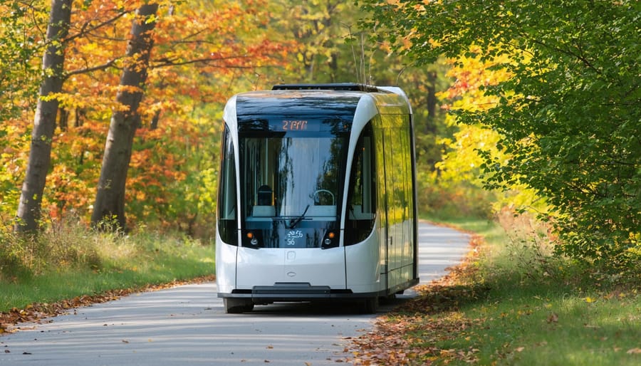 Self-driving electric shuttle transporting visitors through a colorful autumn forest trail
