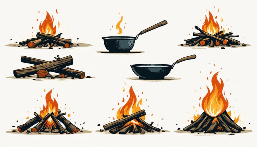 Four stages of building a cooking campfire with proper stone arrangement