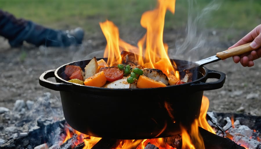 Hot meal cooking in a pot over a properly constructed campfire
