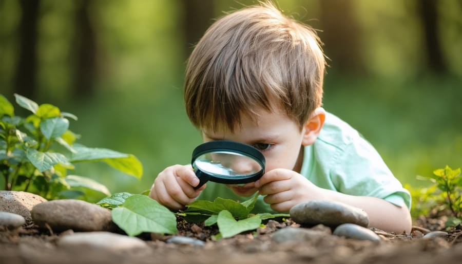 Young child safely exploring nature with a magnifying glass in an Ontario park