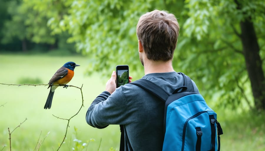 Person using mobile phone to document wildlife observation on park trail
