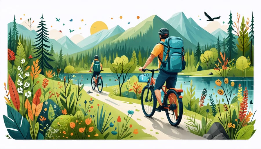 A scenic depiction of Ontario's landscapes, featuring cyclists with eco-friendly gear, reusable water bottles, and an Indigenous guide sharing knowledge amidst autumn foliage, symbolizing sustainable tourism.