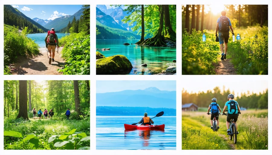 A collage showcasing eco-friendly activities in Ontario parks, featuring hikers on marked trails, a kayaker on a tranquil lake, and cyclists on a scenic path, emphasizing sustainability and community support.