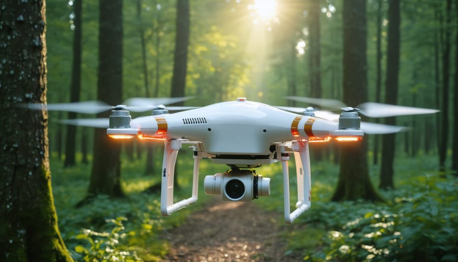A drone glides on a zipline through a dense forest, carrying a first aid kit to symbolize rapid emergency response in remote park areas.