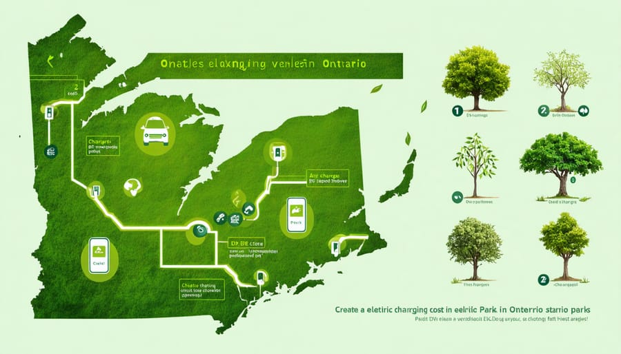 A conceptual map of Ontario displaying electric vehicle charging station symbols and nature elements, highlighting the cost variations between Level 2 and DC fast chargers in provincial parks.