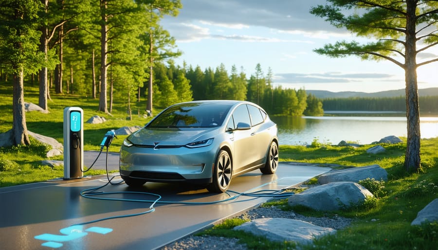 An electric vehicle charging at a station within an Ontario provincial park, surrounded by lush greenery, a tranquil lake, and a scenic hiking trail, representing eco-friendly travel and sustainable tourism.
